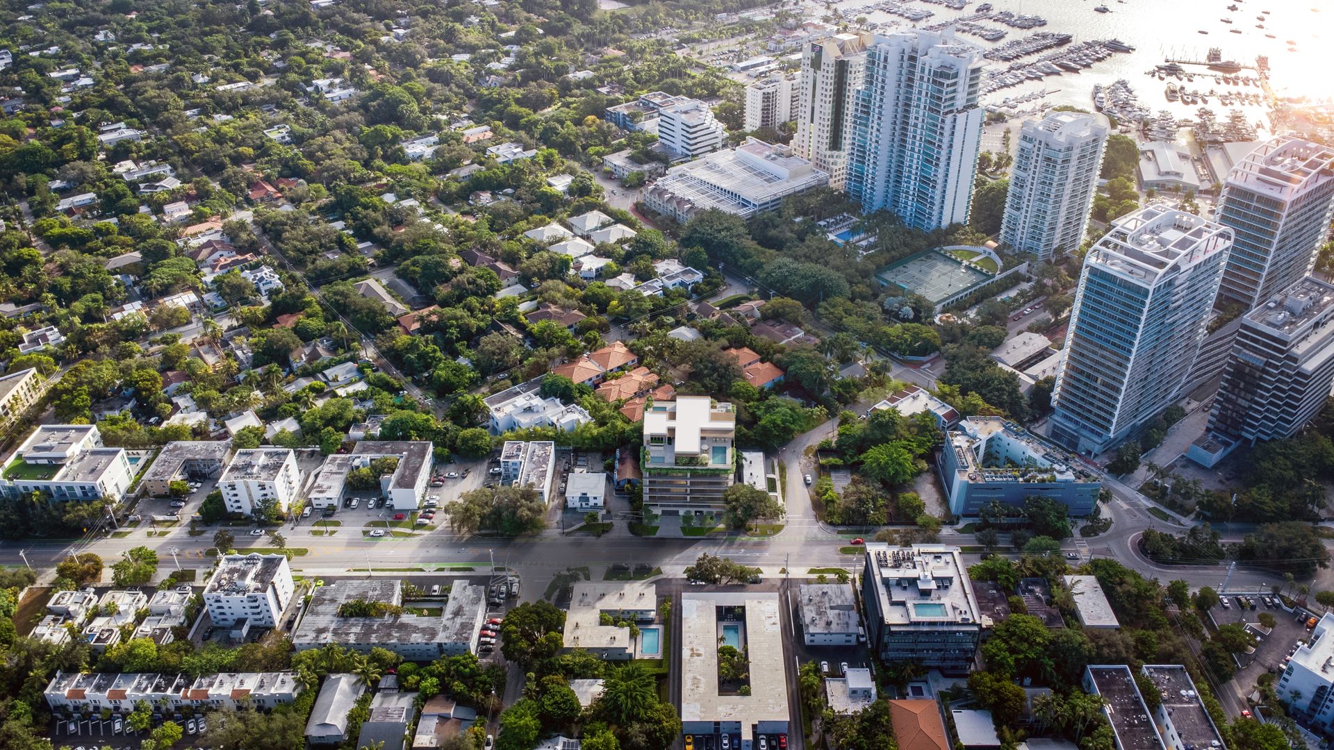 Aerial view of Coconut Grove toward Biscayne Bay