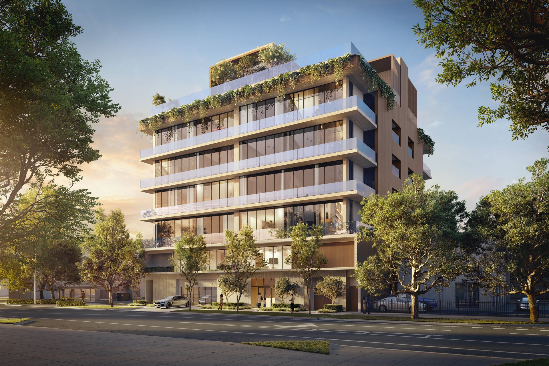 OPUS Coconut Grove, the building at dusk with planted terraces