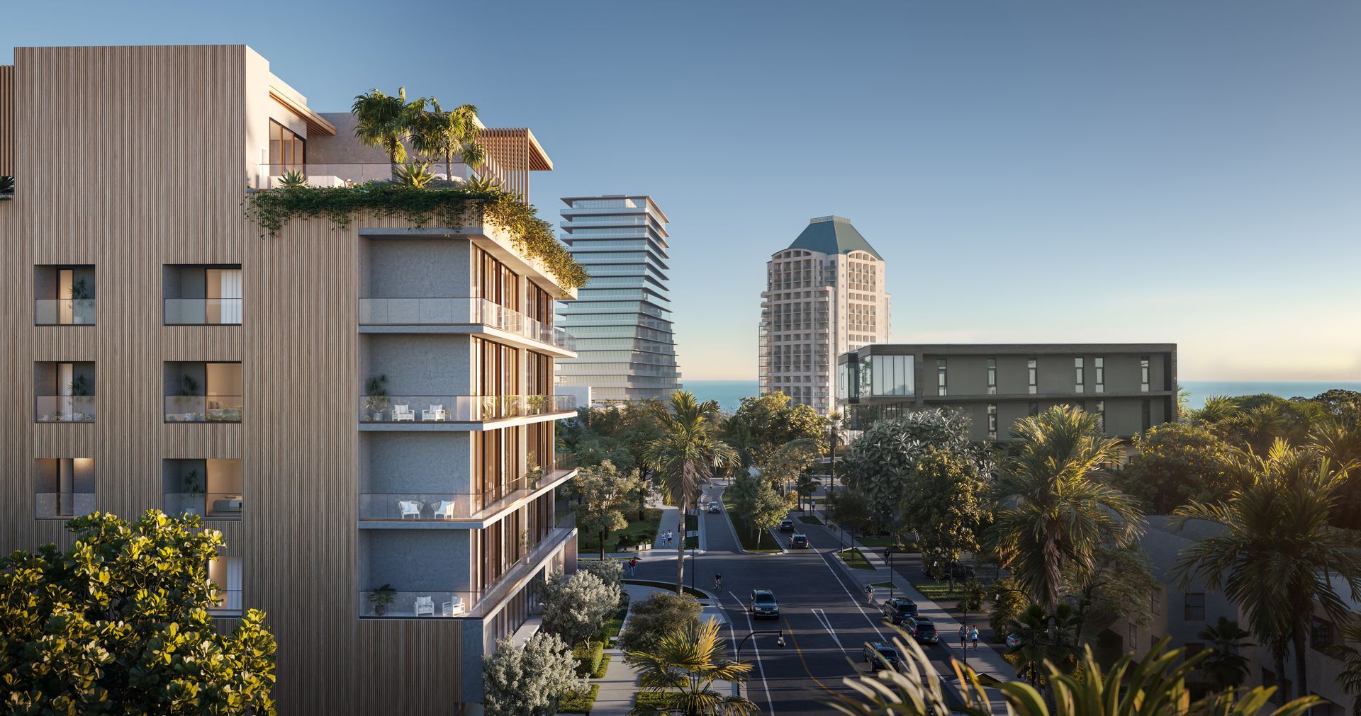 OPUS Coconut Grove from the street with the Grove beyond