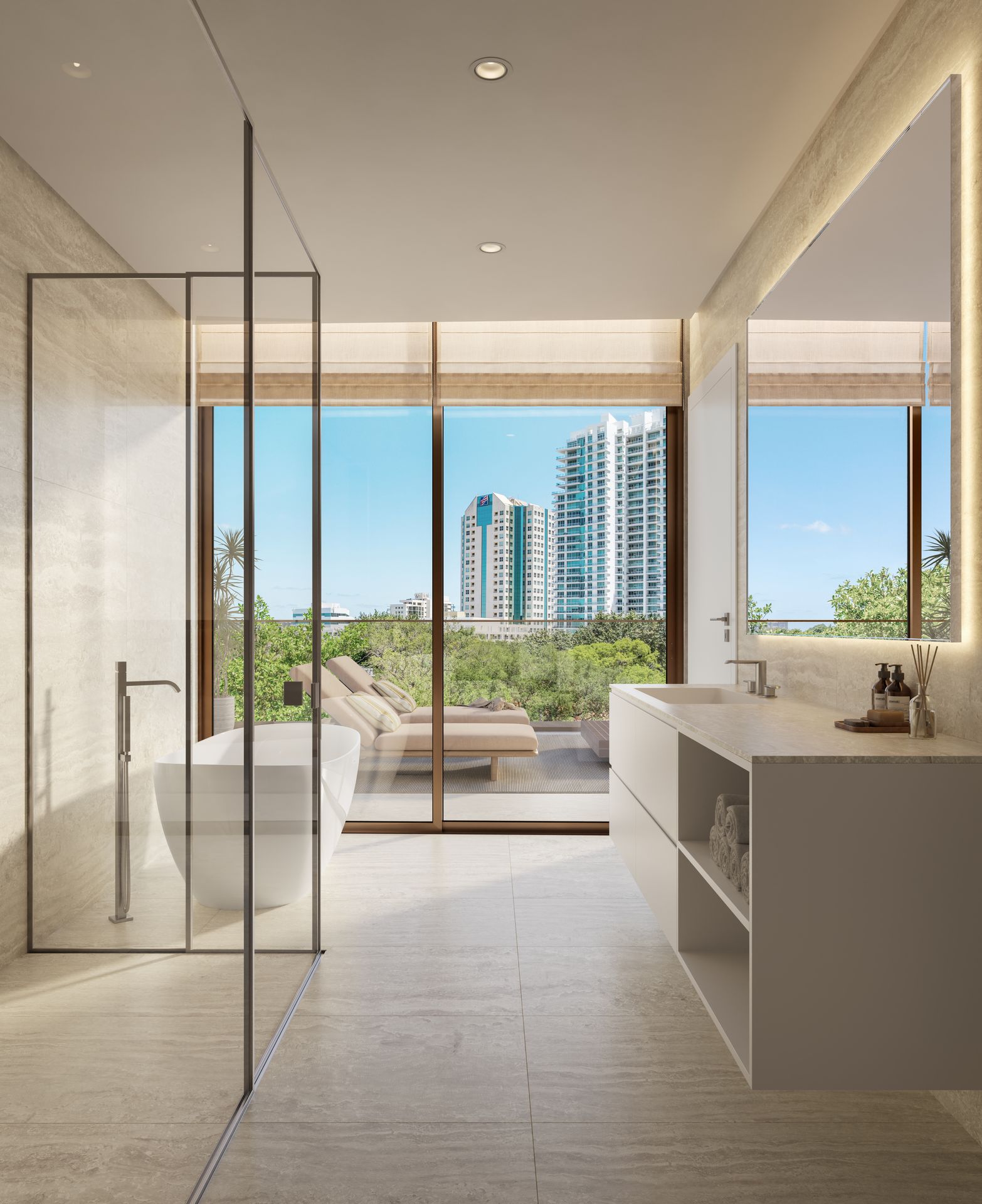 Primary bathroom with floor to ceiling glass